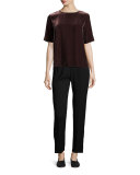 Half-Sleeve Jewel-Neck Velvet Tee, Raisin