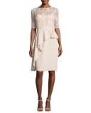 Floral Embellished 3/4-Sleeve Peplum Cocktail Dress, Taupe