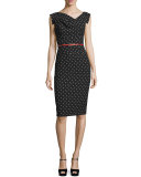 Belted Polka-Dot Sheath Dress, Black/White