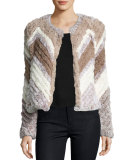 Chevron-Stripe Faux-Fur Jacket, Multi Beige/Tan