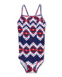 Ikat Cross-Back One-Piece Swimsuit, Blue, Size 2-14