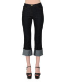 High-Waist Deep-Cuff Cropped Jeans, Dark Blue