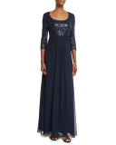 3/4-Sleeve Sequined Combo Gown 