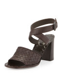 Intrecciato Metallic Ankle-Wrap Sandal, Espresso