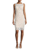 Sleeveless Macrame Sheath Dress, Ivory/Nude