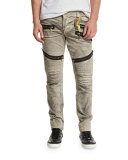Biker Zip-Detail Ribbed Moto Jeans, Beige