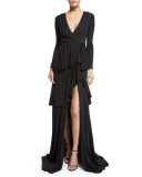 Long-Sleeve Tiered High-Slit Gown, Black