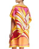 Fiore Maya Printed Silk Caftan Coverup, Pink/Orange