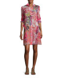 Paisley Leaf-Print Silk Shirtdress Tunic, Red Multi