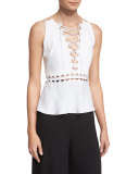Sleeveless Lace-Up Top w/ Cutouts, White