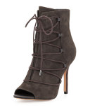 Asher Peep-Toe Lace-Up Bootie, Gray