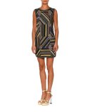 Sleeveless Crewneck Patchwork Dress, Black/Multi