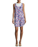 Round-Neck Floral-Print Dress, White/Blue
