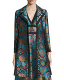Floral Brocade A-Line Coat, Blue/Black/Turquoise