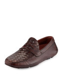 Woven Leather Penny Driver, Brown