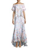 Floral Off-the-Shoulder Half-Sleeve Blouse, White