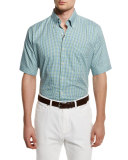 Check Short-Sleeve Woven Shirt, Green/Blue