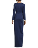 Long-Sleeve Ruffle Ponte Column Gown, Navy