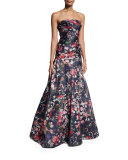 Strapless Floral Mikado Ball Gown, Midnight/Multicolor