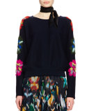 Floral-Embroidered Long-Sleeve Sweater, Navy
