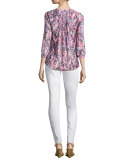 3/4-Sleeve Printed Pleated-Back Blouse, Pink Lemonade