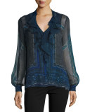 Zaida Long-Sleeve Ruffled Silk Blouse, Ink Multi