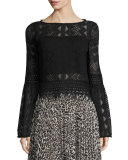 Bell-Sleeve Boxy Patterned Lace Top, Black