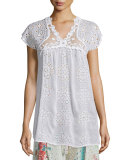 Cap-Sleeve Empire Crochet & Eyelet Blouse