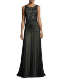 Sleeveless Beaded Tulle Gown, Black