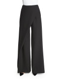 Draped-Front Wide-Leg Pants, Black