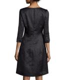 3/4-Sleeve Metallic A-Line Dress, Black