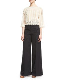 3/4-Sleeve Lace & Macrame Top, Ivory