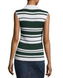 Sleeveless Rib Striped Mock-Neck Sweater, Spruce/Blanc