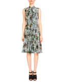 Sleeveless Tie-Neck Floral-Print Dress, Light Blue/Multi