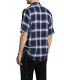 Plaid Drawcord Short-Sleeve Sport Shirt, Blue