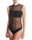 Bisou Move Illusion-Panel Thong Bodysuit, Black