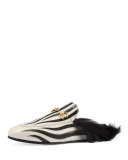 Princetown Zebra-Inlay Fur-Lined Mule, Black/White