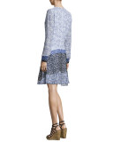 Long-Sleeve Tie-Neck Floral-Print Silk Dress, Blue/Multi