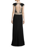 Cap-Sleeve Lace-Trim Crepe Column Gown, Ginseng/Black