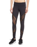 Swiss-Dot Mesh-Panel Long Sport Leggings, Converged Black