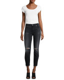 High-Waist Ankle Distressed Skinny Jeans, Black