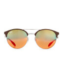 Mirrored Iridescent Round Double-Bridge Sunglasses, Brown