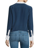 Classic Two-Tone Silk Blouse, Navy