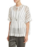 Striped Ruched-Waist Short-Sleeve Blouse, Multi