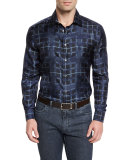 Bird-Print Plaid Silk Sport Shirt, Navy