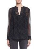 Bowtie Long-Sleeve Patterned Silk Tunic, Black