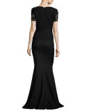 Rumba Knit Lace-Bodice Short-Sleeve Gown, Caviar