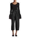 Willow Ribbed Bell-Sleeve Top, Black
