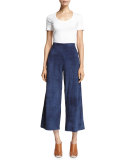 Suede Cropped Wide-Leg Pants, Midnight