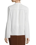 Long-Sleeve Silk Blouse w/Pintucked Yoke, White